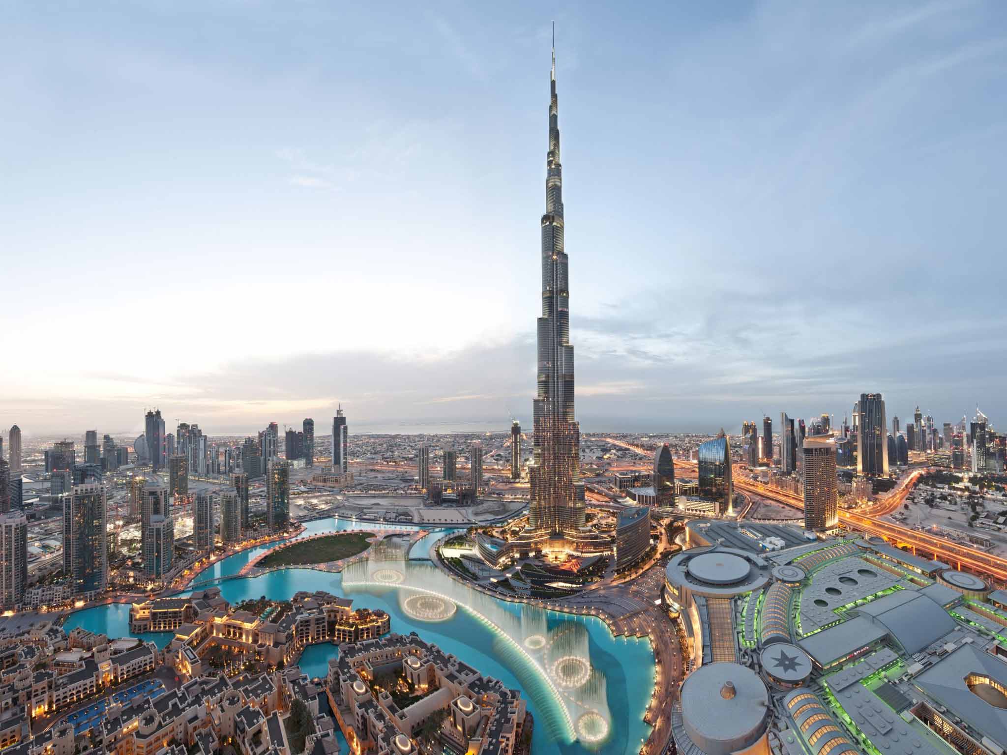 Burj Khalifa and Downtown Dubai at dusk