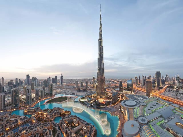 Burj Khalifa and Downtown Dubai at dusk