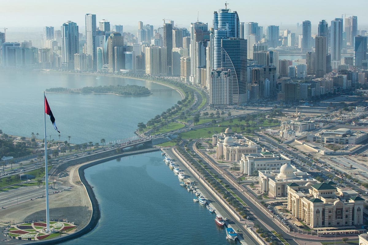 Khalid Lagoon and the Sharjah skyline from the air