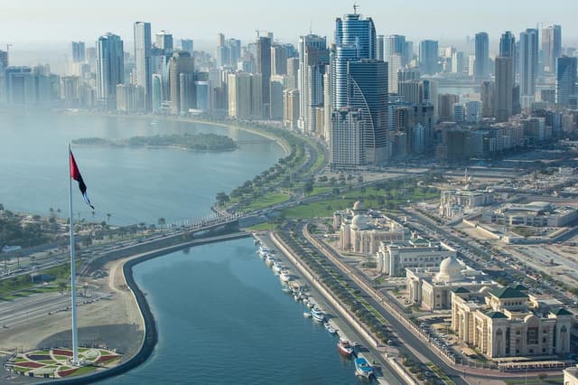 Khalid Lagoon and the Sharjah skyline from the air