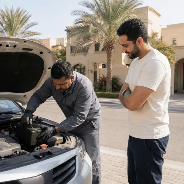 Technician fitting a new battery at a customer's home