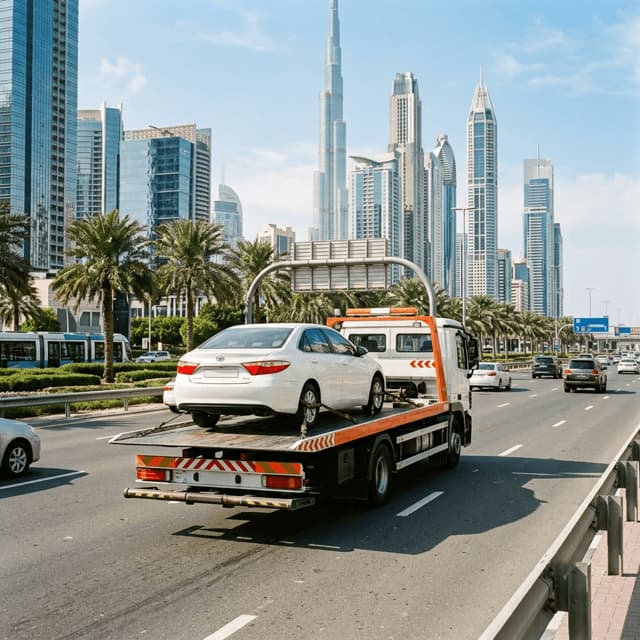 Car loaded on a recovery flatbed on an Abu Dhabi highway