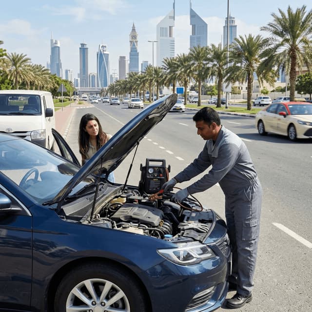 Technician jump-starting a car on an Abu Dhabi roadside